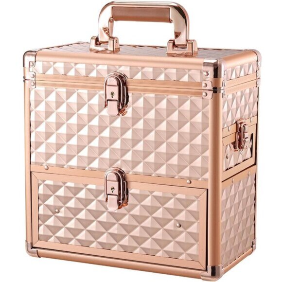 New XL Rose Gold Makeup Train Case with Mirror, Drawer & Dividers for Travel - Picture 1 of 9